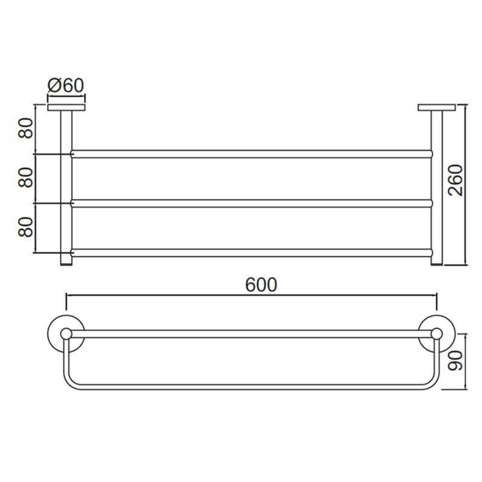 Continental Bathroom Towel Rack with Lower Hanger 600mm
