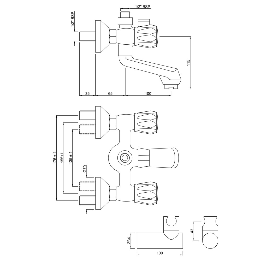 Continental 3 Lever Wall Mixer + Hand Shower Provision