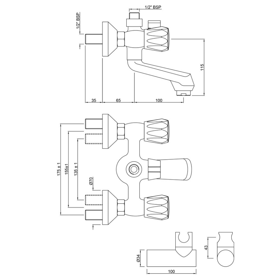 Continental 3 Lever Wall Mixer + Hand Shower Provision