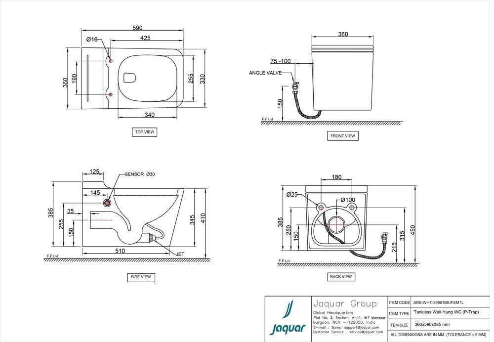 Aria Tankless Wall Hung Sensor Flush Rectangular Toilet WC