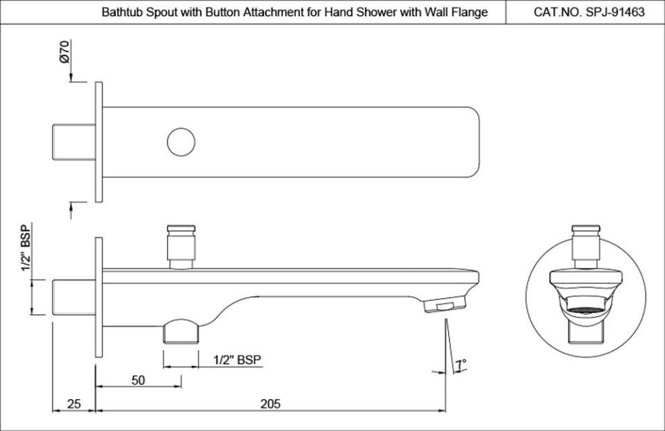 Bathtub Spout with Button Attachment For Hand Shower with Wall Flange