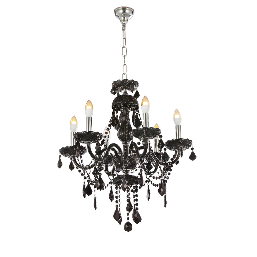 Jaquar 6 LED Lights Black Glass Chandelier with Black Crystals