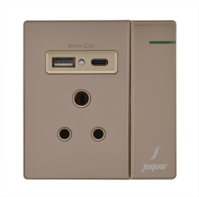 Picture of थ्री पिन सॉकेट विद इंडिकेटर एंड बिग स्विच एंड वन Usb एंड वन टाइप-C - गोल्ड