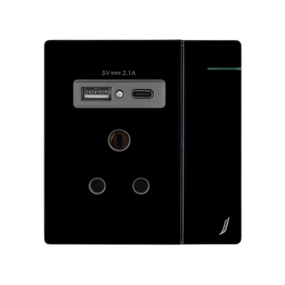 Picture of थ्री पिन सॉकेट विद इंडिकेटर एंड बिग स्विच एंड वन Usb एंड वन टाइप-C - ब्लैक
